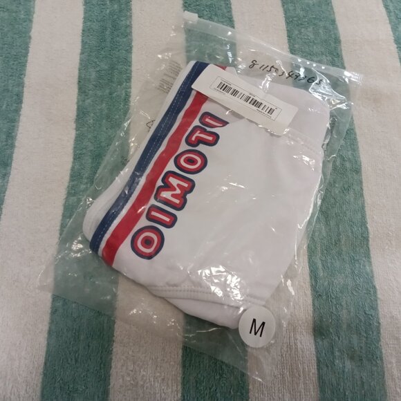 NWT OIMOTI WHITE SWIM BRIEF WITH RED AND BLUE STRIPE, SIZE "M" (32"-33") - Picture 9 of 9